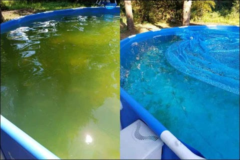 Soft sided pool with copper green tint. After, totally clear