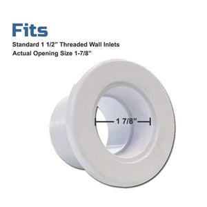 Fits 1 1/2 inch (pipe thread) wall inlets. Actual threaded hole measurement 1 7/8"
